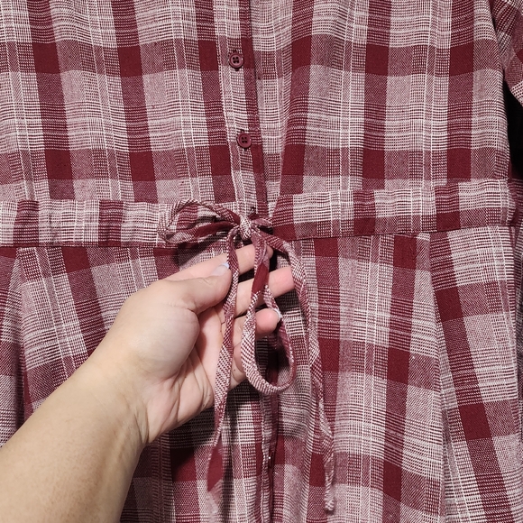 JODIFL Plaid Midi Shirt Dress Womens Large Red Burgundy Boho Cottagecore Western - Picture 4 of 15